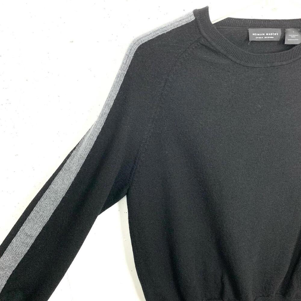 Neiman Marcus Sport Merino Crewneck Sweater Arm Stripe Blk